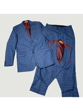 Steven Land Men's 42L Blazer Blue Plaid 3-Piece Suit Jacket Vest & Pants Jck254